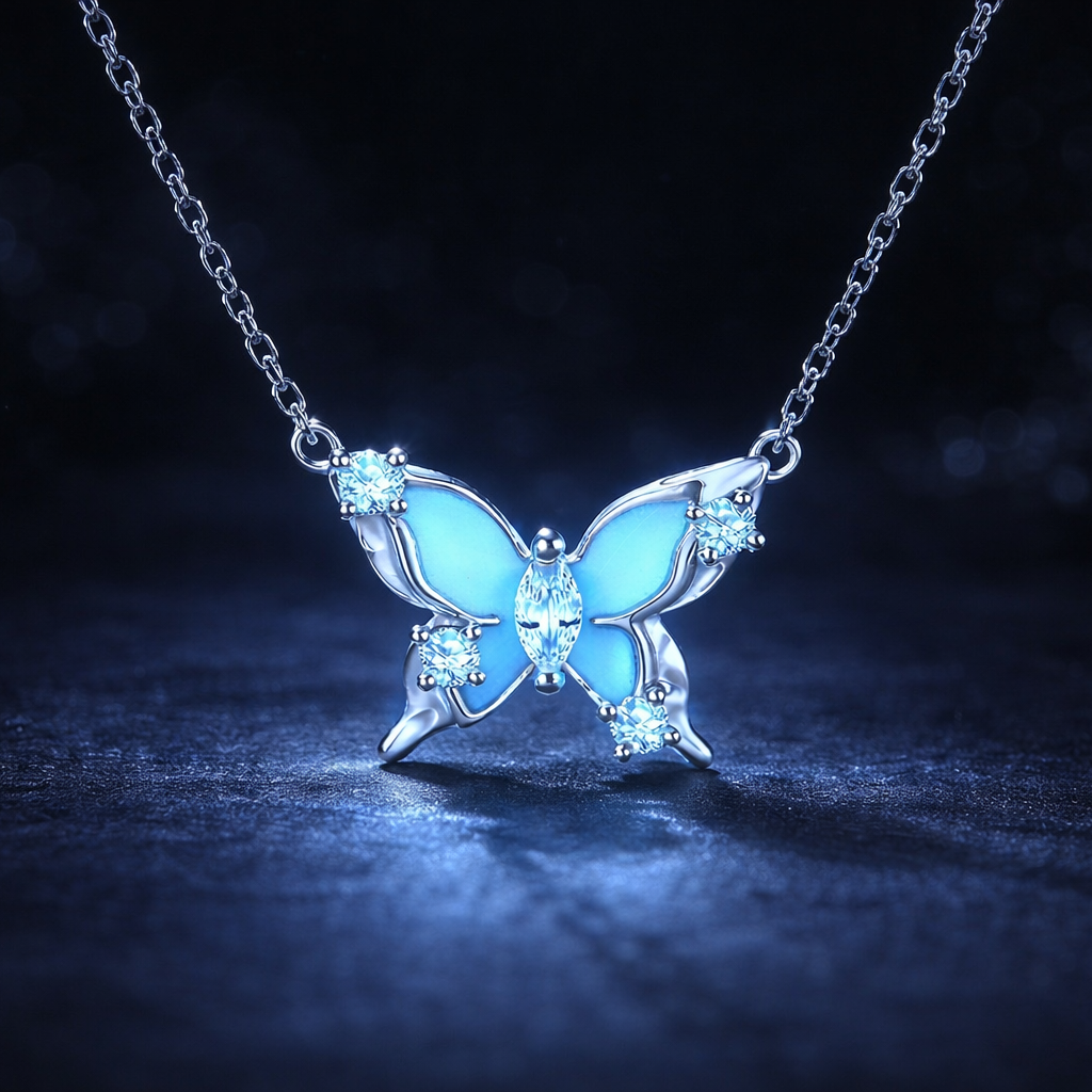 Butterfly-shaped necklace with blue glow on a dark background